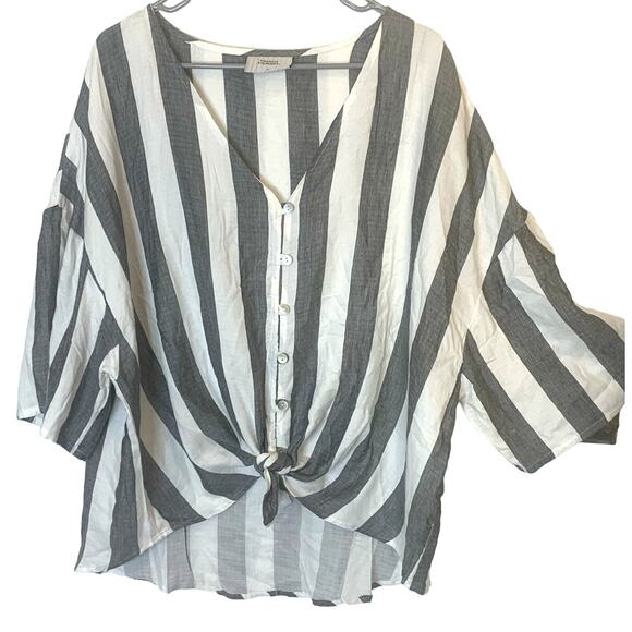 French Laundry Boyfriend Shirt 2X Gray White Stripe Button Up V Neck Lagenlook - Picture 1 of 11